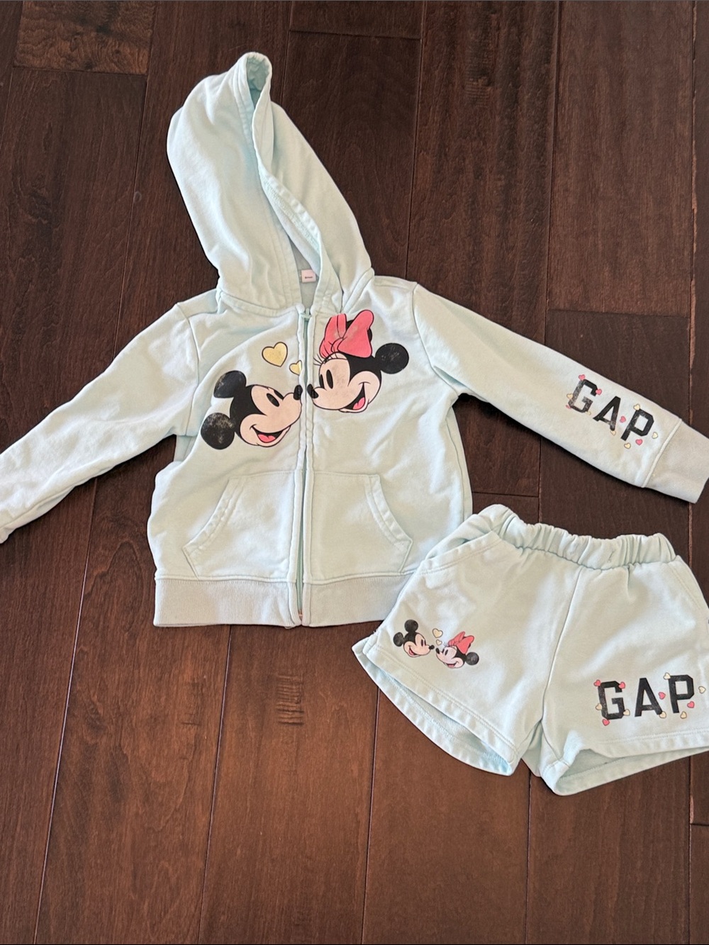 Gap Disney Mint Hoodie with Minnie Pink Bow & Mickey Graphic and matching shorts